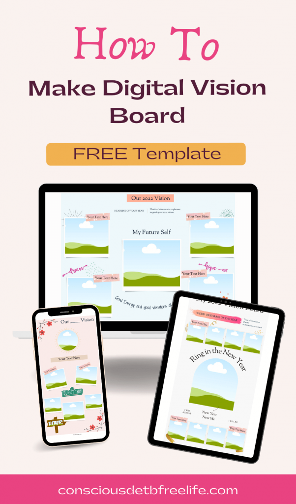 Laptop, ipad and mobile showing vision board template