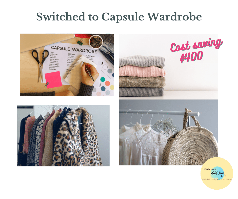 Capsule wardrobe, jackets on hanger, one bag and a few sweaters
