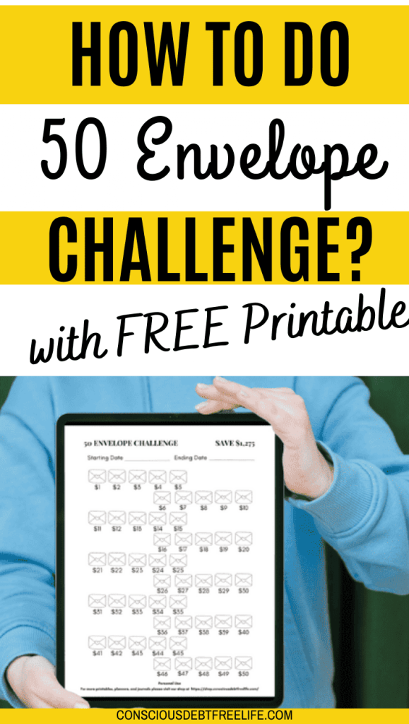 Person holding the Ipad and showing 50 envelop challenge printable