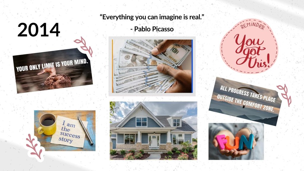 Money Freedom Vision board showing money, home, fun and other quotes